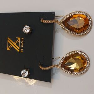 Zaxie Gold Tone Rhinestone Earrings Set Stud + Teardrop Dangle